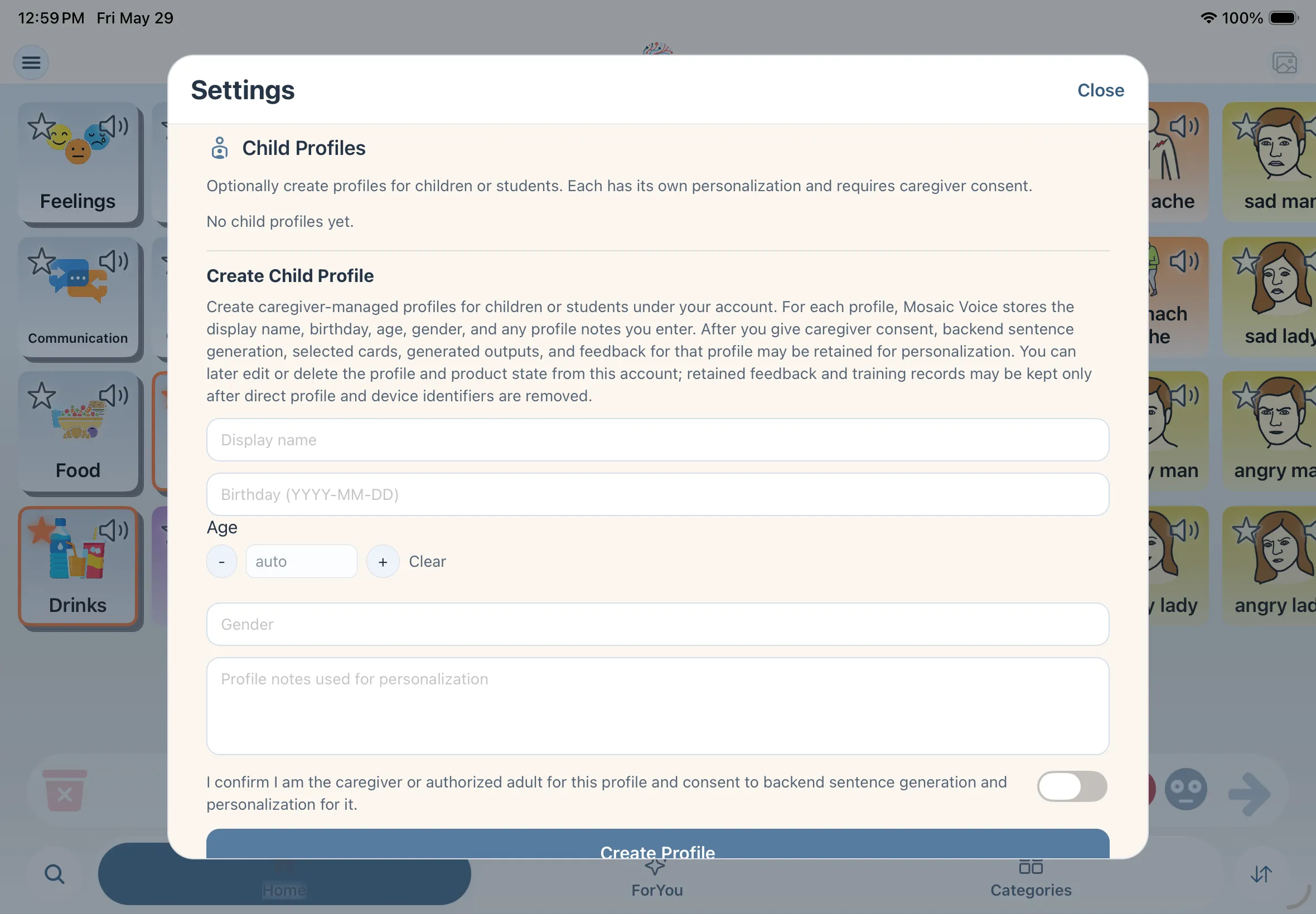 Caregiver profile and board management