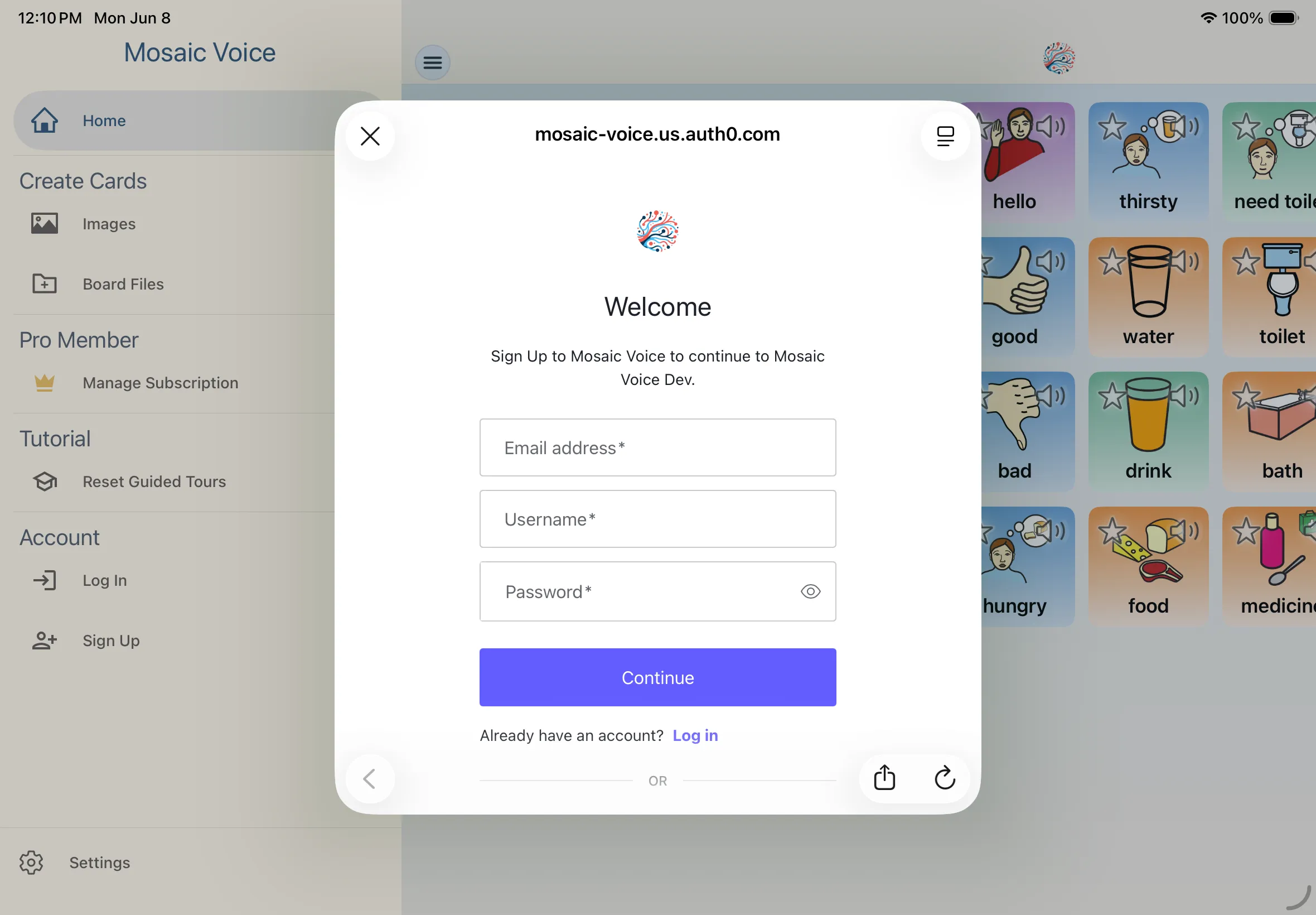 Sign-in and profile setup step 1 2